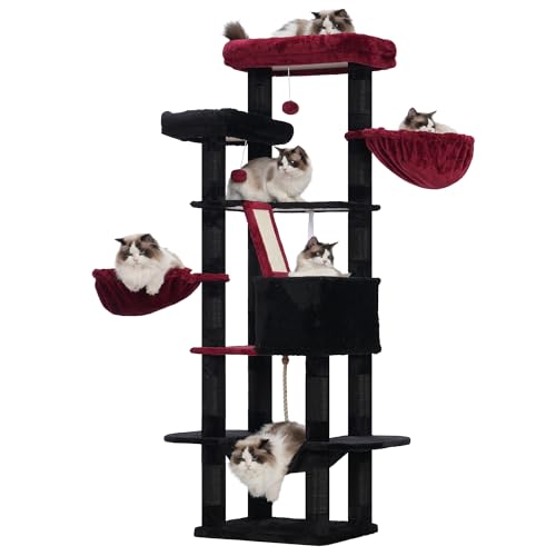 Heybly Gothic-Katzenbaum, 172,7 cm, mehrstufiger Halloween-Katzenturm für Indoor-Katzen, 2 verbreiterte Plüsch-Sitzstangen, Katzenhütte mit Scracthing Board und großen Höhlen, Schwarz und Rot HCT025BR von Heybly