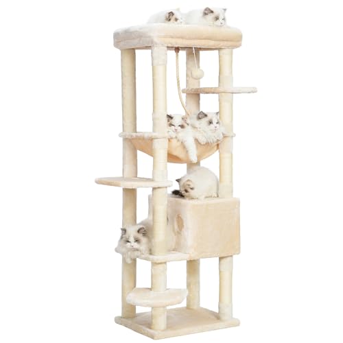 Heybly Kratzbaum, mit Decken, für große Katze, Katzenbaum, große Plattformen, Höhle, 50 x 50 x 153cm, Beige HCT050M von Heybly