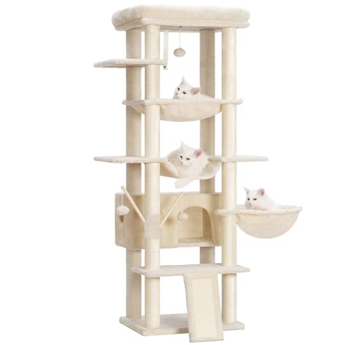 Heybly Kratzbaum für Indoor-Katzen, groß, Erwachsene mit großer Plattform, 173 cm hoher Katzenturm mit Sisalüberzogenen Kratzbäumen, mehrstöckige Katzenhütte mit Hängematten, Beige HCT035M von Heybly