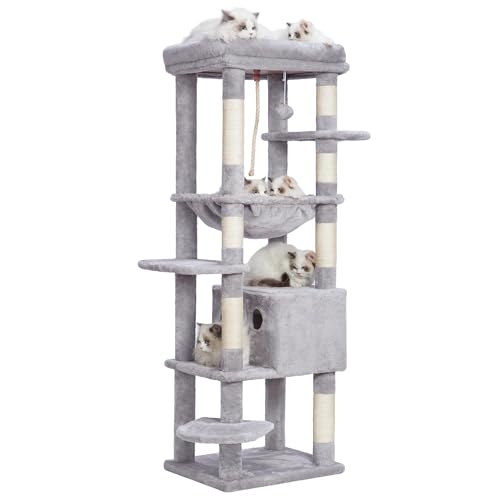 Heybly Kratzbaum für große Katzen, Katzenturm mit 3 Ebenen, Modernes Katzenmöbel mit gepolsterter Sitzstange und gemütlichem Korb, Ideal für Indoor-Katzen und Kätzchen von Heybly