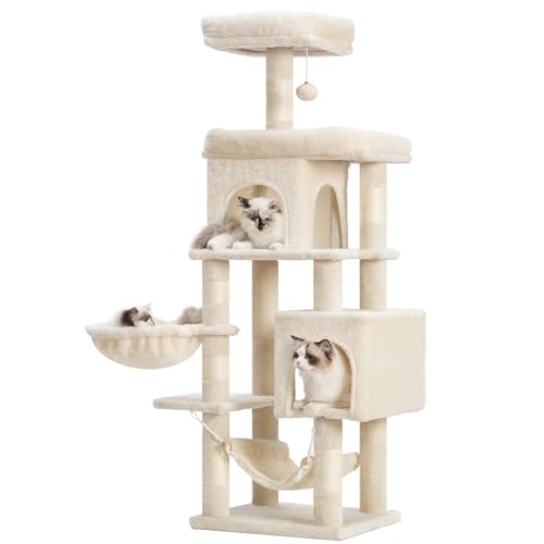 Heybly Kratzbaum mit großer Plattform, mehrstöckiger Katzenturm mit 2 Höhlen, Katzenhaus mit 6 Sisal-Kratzstämmen, Sitzstange oben und Hängematte für Indoor-Katzenkorb, Beige HCT016M von Heybly