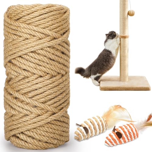 HezzLuv 98FT/30M Katzenkratz-Sisalseil, 6 mm dickes natürliches Juteseil für Kratzbäume, Kratzbäume, DIY-Projekte, Sisalseil für Katzenkratzer mit 2 Katzen-Maus-Spielzeugen (29.9 m) von HezzLuv