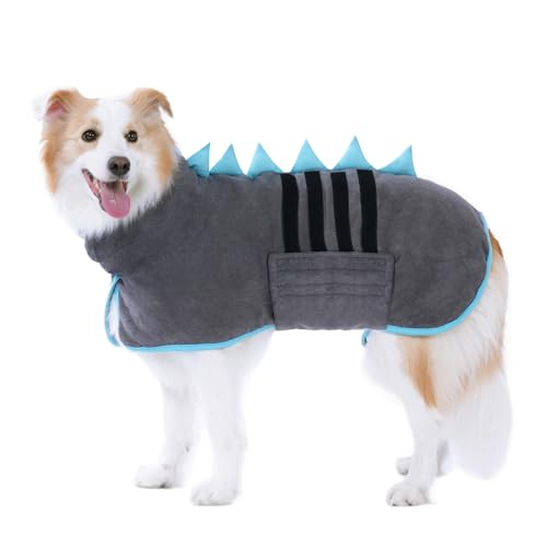 HezzLuv Hundebademantel mit Dinosaurierhorn, Schnelltrocknend Bademantel Hund aus Mikrofaser, Einstellbar Hundemantel für Mittel und Große Hund, Einfach Anzuziehen Hundehandtuch (Grau-Blau, XL) von HezzLuv