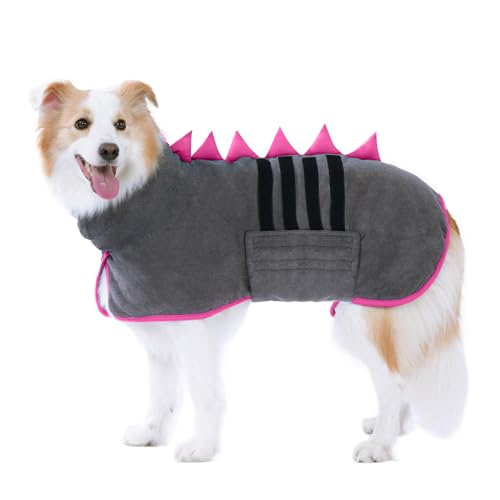 HezzLuv Hundebademantel mit Dinosaurierhorn, Schnelltrocknend Bademantel Hund aus Mikrofaser, Einstellbar Hundemantel für Kleine, Mittel und Große Hund, Einfach Anzuziehen Hundehandtuch (Grau-Pink, M) von HezzLuv