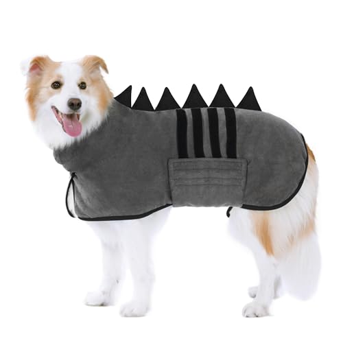 HezzLuv Hundebademantel mit Dinosaurierhorn, Schnelltrocknend Bademantel Hund aus Mikrofaser, Einstellbar Hundemantel für Mittel und Große Hund, Einfach Anzuziehen Hundehandtuch (Grau-Schwarz, XL) von HezzLuv