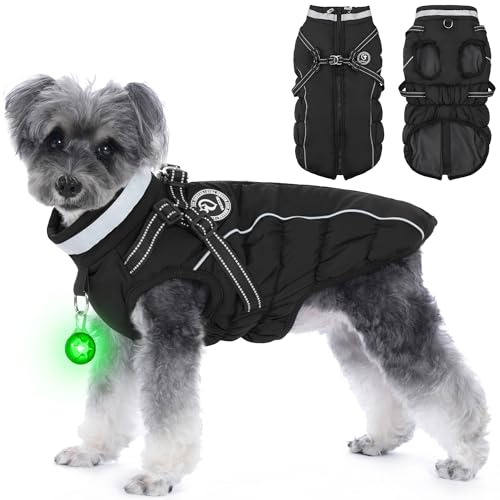 HezzLuv Hundemantel Winter, Hundemantel Wasserdicht, Warme Hundejacke mit Geschirr, Reflektierende Streifen, LED-Leuchtkragen,Wintermäntel für Kleine von HezzLuv