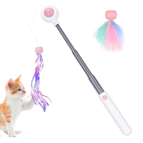 HhBdy Katzenspielzeug Interaktiv Rosa Skalierbar Stangen Katzenangel Stabil Kätzchen Zauberstab Cat Toys Neckstab mit Feder Langer Quaste mit 4 Ersatzköpfe für Kleine Große Katzen von HhBdy