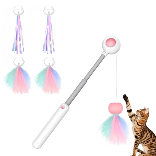 HhBdy Katzenspielzeug Interaktiv Rosa Skalierbar Stangen Katzenangel Stabil Kätzchen Zauberstab Cat Toys Neckstab mit Feder Langer Quaste mit 4 Ersatzköpfe für Kleine Große Katzen von HhBdy