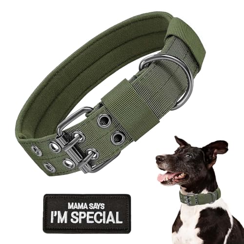 Taktisches Hundehalsband, Militär-Hundehalsband, verstellbar, Nylon, robuste Metallschnalle mit schwarzem Aufnäher, taktische Halsbänder für mittelgroße und große Hunde (Grün, L) von HhiMyOct