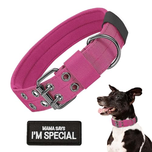 Taktisches Hundehalsband, Militär-Hundehalsband, verstellbar, Nylon, robuste Metallschnalle mit schwarzem Aufnäher, taktische Halsbänder für mittelgroße und große Hunde (Rosa, L) von HhiMyOct