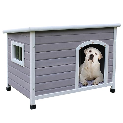 HiCaptain 40“ Hundehütte Outdoor, wetterfeste Hundehütte für mittelgroße Hunde, Hundehütte aus Holz mit erhöhtem Boden und herausnehmbarem Fenster, Hundehütte mit Belüftung - Grau M von HiCaptain