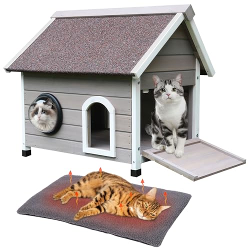 HiCaptain Outdoor Katzenhaus für Wildkatzen, wetterfestes Katzenhaus aus Holz mit selbstwärmender Matte, idealer Außenkatzenunterstand mit Fluchttür, klarem Fenster und Dachboden (Graues Haus mit von HiCaptain