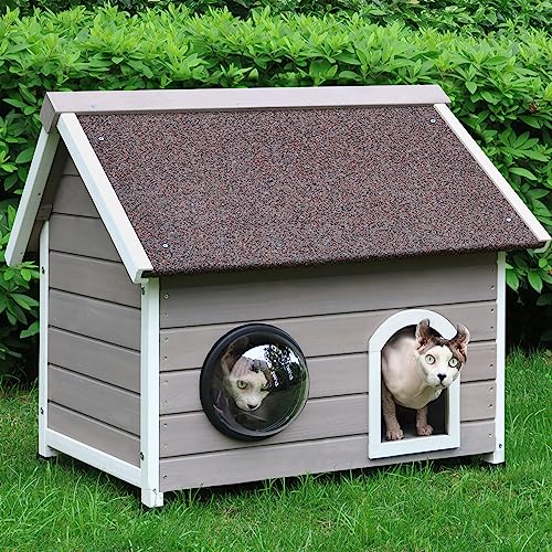 HiCaptain Wetterfestes Katzenhaus für Katzen im Außenbereich, Holz-Katzenhaus für draußen, einzigartiges kleines Haustierhaus mit Fluchttür, transparentem Fenster und abnehmbarem Dachboden, grau von HiCaptain