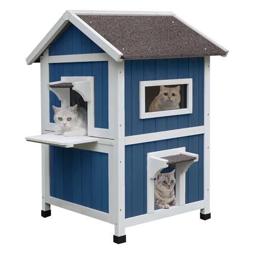 HiCaptain wetterfestes Katzenhaus für Draußen, draußen hölzernes streunendes Katzenhaus 2-stöckiges großes Katzenhaus für 2-3 Katzen-53x53x92cm (blau) von HiCaptain