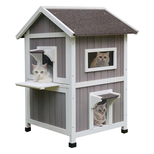 HiCaptain wetterfestes Katzenhaus für Draußen, draußen hölzernes streunendes Katzenhaus 2-stöckiges großes Katzenhaus für 2-3 Katzen-53x53x92cm (grau) von HiCaptain