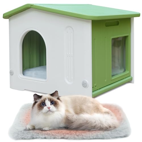 Kunststoff-Katzenhaus für Outdoor Indoor-Gebrauch, stapelbar verwilderte Katze Unterschlupf Indoor-Katzenhaus isoliert wetterfest wasserdicht -Grün von HiCaptain