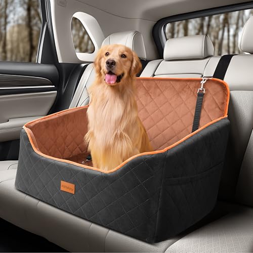 HiPetpy Hundeautositz für große mittelgroße Hunde, Booster Autositz für Hunde unter 25 kg, erhöhter Haustierautositz mit 2 Sicherheitsleinen, Taschen, Anti-Rutsch-Basis, perfekt für Rücksitze & von HiPetpy