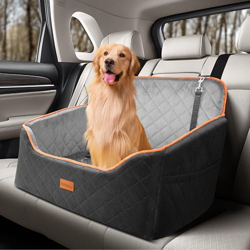 HiPetpy Hundeautositz für große mittelgroße Hunde, Booster Autositz für Hunde unter 25 kg, erhöhter Haustierautositz mit 2 Sicherheitsleinen, Taschen, Anti-Rutsch-Basis, perfekt für Rücksitze & von HiPetpy