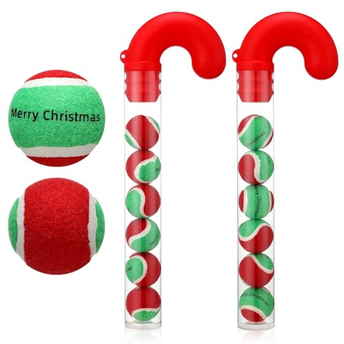 Hiboom 2 Sets Zuckerstangen-Tennisbälle für Hunde Merry Christmas Dog Tennisball 4,7 cm kleiner Hundeball rot und grün Xmas PET Hundespielzeug Bälle, jedes Set mit 6 Bällen von Hiboom