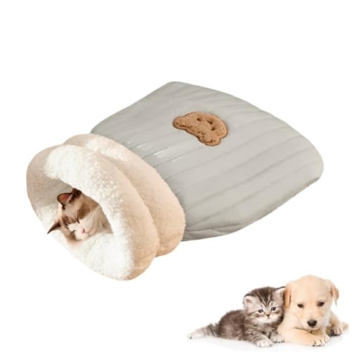 Kuscheliger SchlafenSack für Indoor-Katzen – Weicher Winter-Schlafsack, Selbstwärmendes Katzenbett, Halboffene Katzenhöhle mit Plüsch, Warmer Katzen-Sack für Katzen und Kätzchen (Grau M) von Hiborth