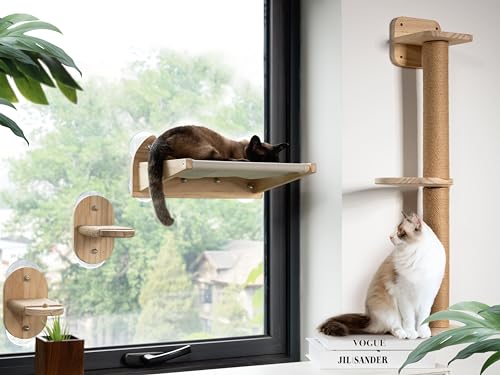 Katzen-Fensterstange und Katzen-Wandregale, 2-in-1, Katzen-Hängematte, Stufen und 3 Ebenen, großes Katzen-Sitzbett für Wand und Fenster, Massivholz, Katzenmöbel zur Wandmontage, 18 starke von HibroPet