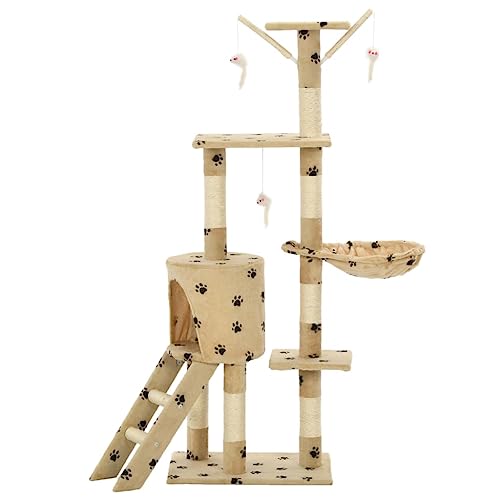 Higsose Innenbereich Aktivitätskratzbäum Beige mit Pfoten-Muster 49x35x138 cm Katzen-Spielplatz mit Aussichtsplattformen Ruhebereiche Plüschige Oberfläche Tätigkeitsbereich für Haustiere von Higsose