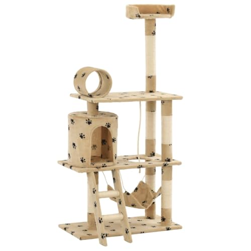 Higsose Innenbereich Aktivitätskratzbäum Beige mit Pfoten-Muster 70x35x140 cm Katzen-Spielplatz mit Aussichtsplattformen Ruhebereiche Plüschige Oberfläche Tätigkeitsbereich für Haustiere von Higsose