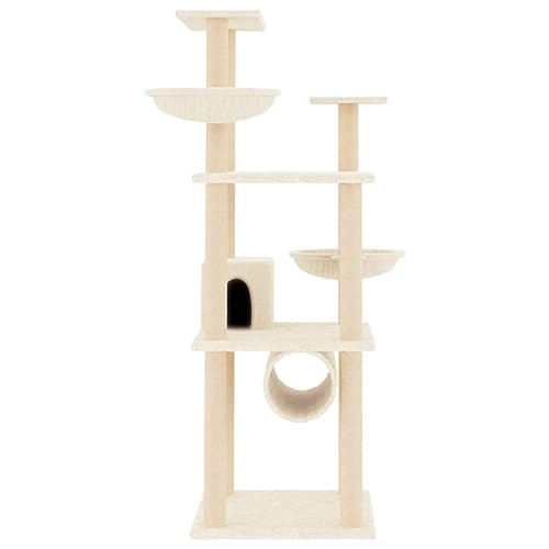 Higsose Innenbereich Aktivitätskratzbäum mit Sisal-Kratzsäulen Creme 72,5x96,5x141 cm Klassische Katzen-Spielplatz mit Plattformen Tätigkeitsbereich für Haustiere Katzen Entspannen Holz&Plüsch von Higsose