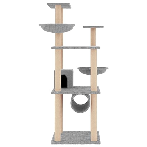 Higsose Innenbereich Aktivitätskratzbäum mit Sisal-Kratzsäulen Hellgrau 72,5x96,5x141 cm Klassische Katzen-Spielplatz mit Plattformen Tätigkeitsbereich für Haustiere Katzen Entspannen Holz&Plüsch von Higsose