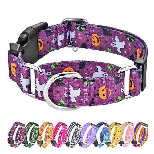 Hikiko Halloween-Martingale-Halsband für Hunde mit Schnalle für kleine, mittelgroße und große Hunde, weiches Nylon, Spaziergangstraining (lila, kleiner Teufel, mittel) von Hikiko