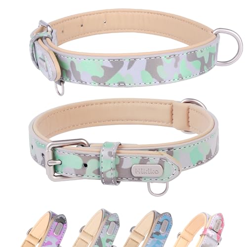 Hikiko Hundehalsband aus Leder für mittelgroße und große Hunde, verstellbar, strapazierfähig, dick, reflektierendes Design, Camouflage-Muster (Grün, L) von Hikiko