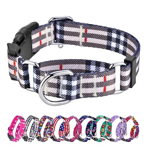 Hikiko Hundehalsband für kleine, mittelgroße und große Hunde, verstellbares Martingal-Halsband aus Nylon mit Schnellverschluss-Schnalle (Beigekariert, L) von Hikiko