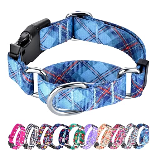 Hikiko Hundehalsband für kleine, mittelgroße und große Hunde, verstellbares Martingal-Halsband aus Nylon mit Schnellverschluss-Schnalle (blaues Karo, M) von Hikiko