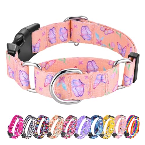 Hikiko Martingale Halsband für Hunde, verstellbar, weiches Nylon, mit niedlichen Mustern für kleine, mittelgroße und große Hunde (rosa Schmetterling, klein) von Hikiko