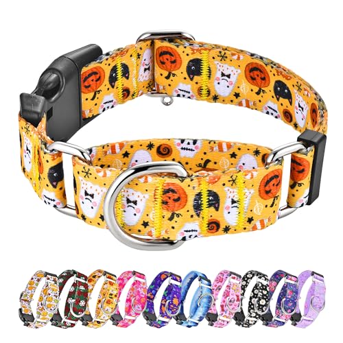 Hikiko Martingale-Halsband für Hunde mit Schnalle für kleine, mittelgroße und große Hunde, weiches Nylon, Halloween-Hundehalsband, Spaziergangstraining (gelb, kleiner Teufel, Größe M) von Hikiko