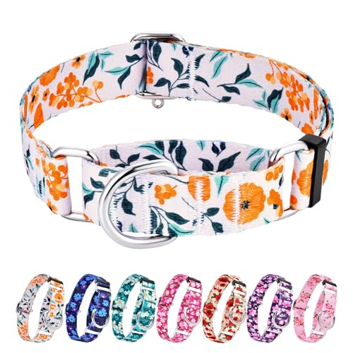 Hikiko Martingale Halsband für Hunde ohne Schnalle, Blumen-Hundehalsband, bequemes Nylon-Trainingshalsband für große Hunde, Retro-Orange-Blume, Größe L von Hikiko