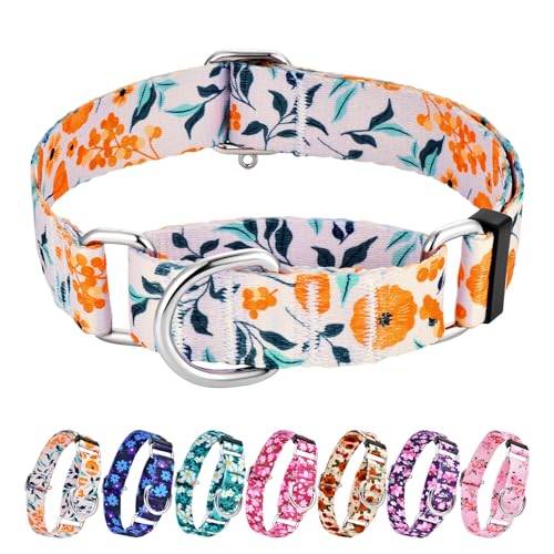 Hikiko Martingale Halsband für Hunde ohne Schnalle, Blumen-Hundehalsband, bequemes Nylon-Trainingshalsband für kleine Hunde, Retro-Orange-Blume, Größe S von Hikiko