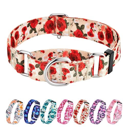 Hikiko Martingale Halsband für Hunde ohne Schnalle, Designer-Hundehalsband mit Blumenmuster, Nylon, kein Ziehen, Hundehalsband für extra kleine Hunde, rote Rose, Größe XS von Hikiko