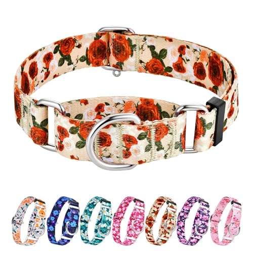 Hikiko Martingale Halsband für Hunde ohne Schnalle, florales Designer-Hundehalsband, Nylon, kein Ziehen, Hundehalsband für große Hunde, rote Rose, Größe L von Hikiko