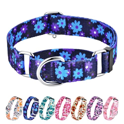 Hikiko Martingale Halsband für Hunde ohne Schnalle, florales Hundehalsband, weiches Nylon, rutschfest, für extra kleine Hunde, marineblaue Blume, Größe XS von Hikiko