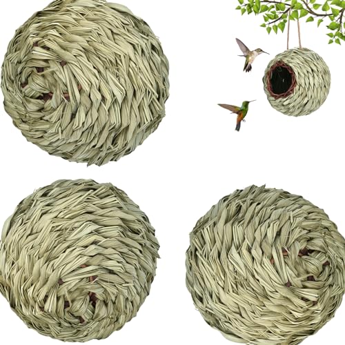 3PCS Vogelnesthaus zum AufhäNgen, Gras Bird Nest,Nisthöhlen für Vögel, Kugelform, Handgewebte Vogelhäuser, Kolibri-Haus, Aus NatüRlichem Gras, Perfekt für Garten, Terrasse von Hiksee