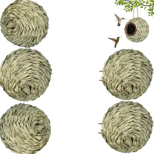 5PCS Vogelnesthaus zum AufhäNgen, Gras Bird Nest,Nisthöhlen für Vögel, Kugelform, Handgewebte Vogelhäuser, Kolibri-Haus, Aus NatüRlichem Gras, Perfekt für Garten, Terrasse von Hiksee