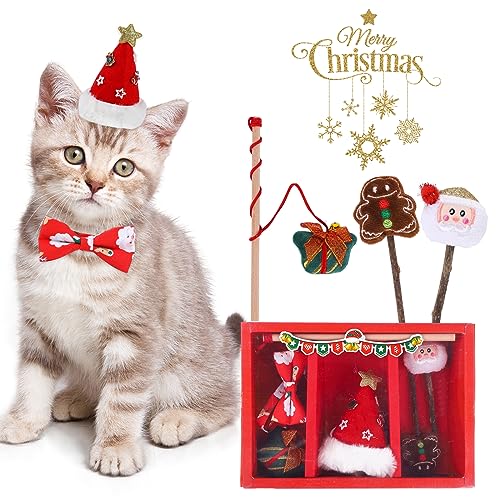 5 Stück Katzen, Haustier Katze Weihnachtsbaum Hut Fliege Necken Katze Stick Interaktives Plüsch-Zahnspielzeug-Set Box Weihnachtsstrumpf Geschenke für Katze von Hileyu