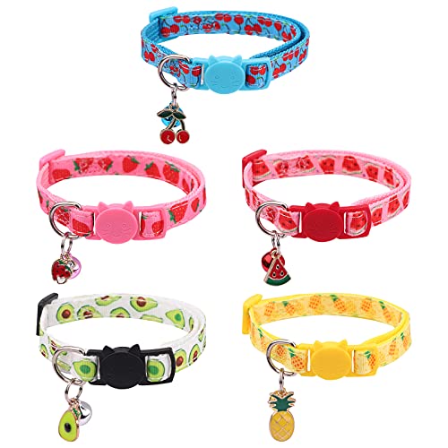 5 Stück Katzenhalsband mit Glöckchen verstellbare Katzenhalsbänder 18-30cm Halsband Katze sicherheitsverschluss Schnellverschluss Haustierhalsband Sommerfruchtart für Kätzchen Welpen kleine Hunde von Hileyu