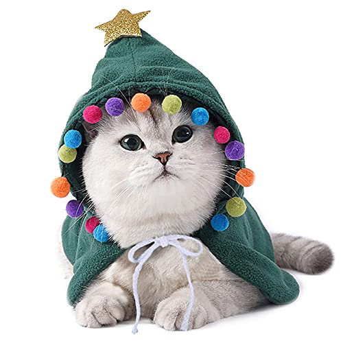 Haustier Weihnachtskostüm Haustier Weihnachtsmantel Kostüm Poncho Cape mit Stern und Pompons Süßes Weihnachtscape Weihnachtskatzenkleidung für Katzen Hunde Welpen Kätzchen Neujahrskostüm Grün M von Hileyu