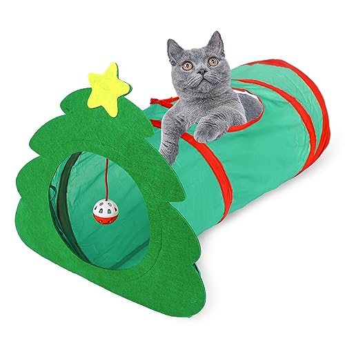 Interaktives Katzenspielzeug Weihnachtsbaum Katzentunnel Zusammenklappbarer Katzentunnel Xmas Cat Tube mit Glocke für Katzen, Kaninchen, Kätzchen, Hasen 55 * 25cm/21.7 * 9.8in von Hileyu