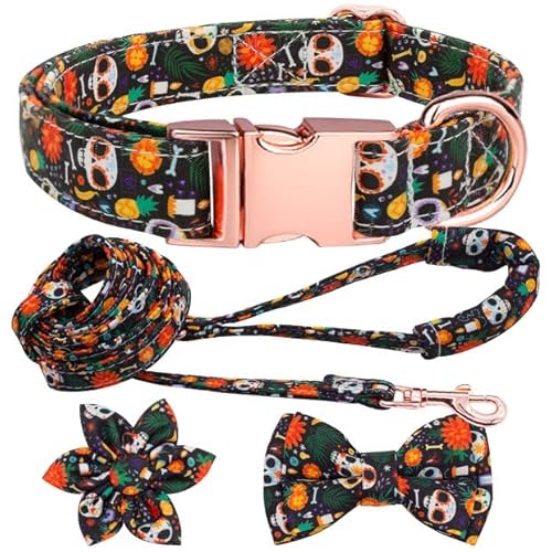 Hilkycton Hundehalsband und Leine Set mit Blume Fliege Mädchen Hundehalsband Metallschnalle Verstellbar für Kleine Mittlere Große Hunde Schädel Skelett-S von Hilkycton