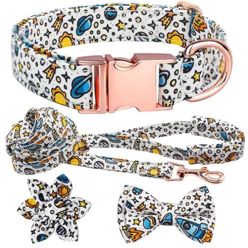 Hilkycton Hundehalsband und Leine Set mit Blume Fliege Mädchen Hundehalsband Metallschnalle Verstellbar für Kleine Mittlere Große Hunde Sonnensystem-L von Hilkycton