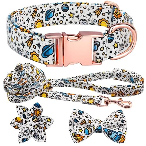 Hilkycton Hundehalsband und Leine Set mit Blume Fliege Mädchen Hundehalsband Metallschnalle Verstellbar für Kleine Mittlere Große Hunde Sonnensystem - S von Hilkycton