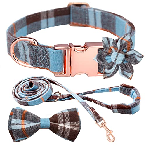 Hilkycton Plaid Hundehalsband Leine Set Fliege Verstellbar Niedlich Welpenhalsband mit robuster Metallschnalle Mädchen Jungen Hundehalsband für kleine, mittelgroße und große Hunde, blau-S von Hilkycton